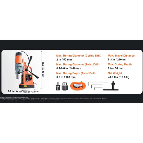 Specifications of 1550W Cordless Magnetic Drill Press With 13000N Force And 2 Inch Core Bit Variable Speed Portable Electric Tool.