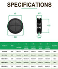 Specifications of 110 Pcs Rubber Grommets Kit With Six Sizes, showing ID, OD, and thickness for sheet metal and cable management.