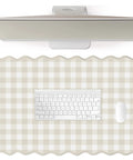 Scalloped Beige Checkered Gingham Desk Pad Large Mouse Pad For Keyboard And Computer, Cozy Cottagecore Vibe Vintage Rustic Aesthetic Office Mat, 31 By 15.7 Inches