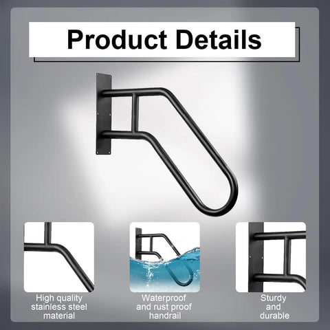 Solid As A Rock Matte Black Outdoor Handrail For One To Three Step Stairs Heavy Wall Mounted Grab Bar With Full Hardware Kit, showing waterproof details.