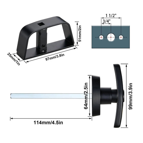 Heavy Duty Shed Door Latch Kit With T Handle Lock For Barn Gate Garage Doors Four And A Half Inch Stem Adjustable Latch Fit Up To Three And A Half Inch Thick Doors Includes Four Keys Carbon Steel And Zinc Alloy Construction showing dimensions