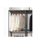 Top Shelf Wood Walk In Closet Organizer System Featuring Straight Up Customizable Shelves Heavy Duty Hanging Rods And Hassle Free Drawers For Bedroom Storage That Honestly Maximizes Space with hanging shirts.