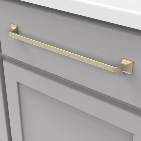 Five Pack Dope Solid Core Kitchen Cabinet Pulls In Champagne Bronze 12 Inch Hole Center Luxury Handles For Cabinets And Dresser Drawers Heavy Duty Metal Hardware Forge Collection installed on a gray cabinet.