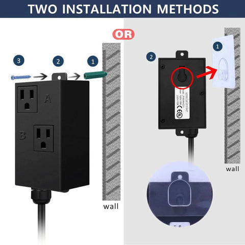 Automatic vacuum switch for power tools, black plastic unit with dual outlets; wall-mount and front-install views.