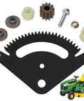 25 Tooth Steering Sector Gear Kit For Lawn And Garden Tractors L105 L108 L110 L111 L118 L120 L130 G110 With Pinion Gear Direct Replacement High Toughness Steel For Easy Install And Reliable Steering Performance includes sector plate, pinion gear, bolt, nuts and bushings with a green and yellow lawn tractor.