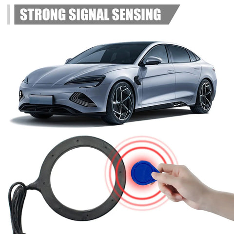 Push To Start Car Ignition Kit With Keyless Entry And Anti Theft System Universal 12V Vehicle Ignition Switch Upgrade next to a car