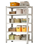5 Tier Heavy Duty Steel Workhorse Shelving With Adjustable Heights Garage Storage Rack filled with storage bins and boxes.