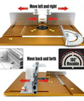 Heavy Duty Aluminum Router Table Insert Plate With Flip Up Lever And Precision Setup Bars For No Sweat Woodworking universal mount showing adjustable features.