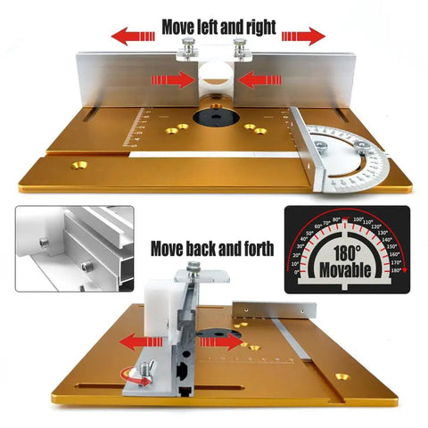 Heavy Duty Aluminum Router Table Insert Plate With Flip Up Lever And Precision Setup Bars For No Sweat Woodworking universal mount showing adjustable features.