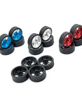 Assorted metal wheel sets for 1/28 RC cars, including blue, silver, and red options, showcasing upgrade replacements.