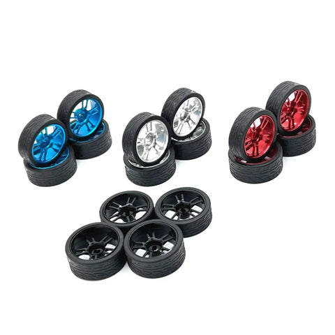 Assorted metal wheel sets for 1/28 RC cars, including blue, silver, and red options, showcasing upgrade replacements.