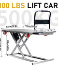 Rock Solid Heavy Duty Electric Hydraulic Scissor Lift Table Cart 660 Pounds Capacity with measurements and features displayed.
