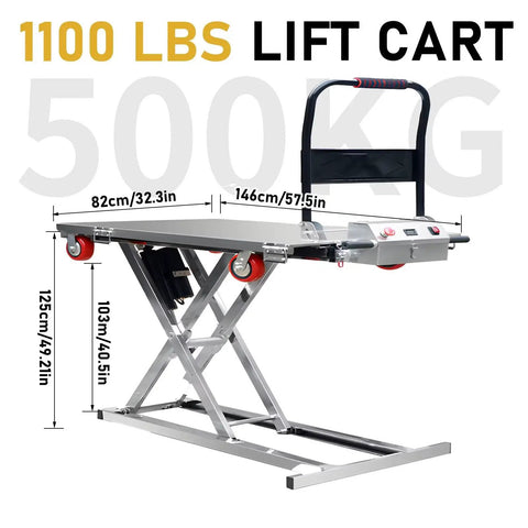 Rock Solid Heavy Duty Electric Hydraulic Scissor Lift Table Cart 660 Pounds Capacity with measurements and features displayed.