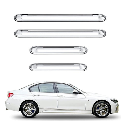 Front view of BetterJonny clear silicone cabinet bumpers, 4 long and 4 short, shown above a white car.
