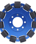 5 inch omnidirectional wheel for robots with aluminum hub and silicone rollers, featuring 11 rollers and 22 bearings, blue color.