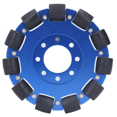 5 inch omnidirectional wheel for robots with aluminum hub and silicone rollers, featuring 11 rollers and 22 bearings, blue color.