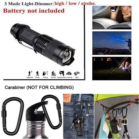 All In One 13 In 1 Survival Kit With Outdoor Gear Essentials Like Fire Starter, Survival Bracelet, Whistle, Compass, Flashlight, Emergency Blanket, Wood Cutter, Water Bottle Clip, Pen And Key Tool For Real Outdoor Adventures with flashlight and carabiner use