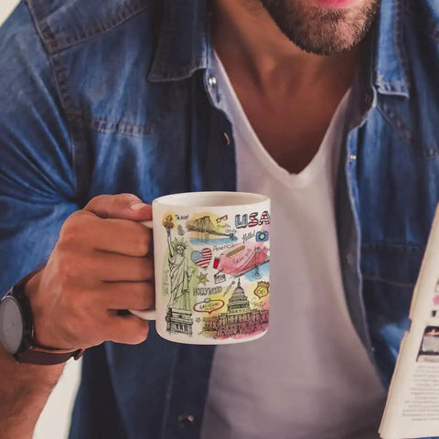 Person holding a custom design mug from 11 Oz White Sublimation Mugs Blank Bulk Pack 36 White Ceramic Coffee Cups With Quality Sublimation Coating