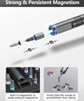 Magnetic Ratchet Screwdriver Set With 40 Precision Bits And 42 In 1 DIY Tool Kit showing magnetic attraction to screws