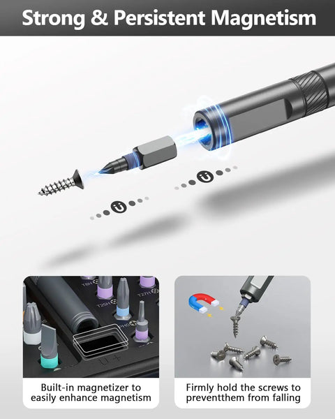 Magnetic Ratchet Screwdriver Set With 40 Precision Bits And 42 In 1 DIY Tool Kit showing magnetic attraction to screws