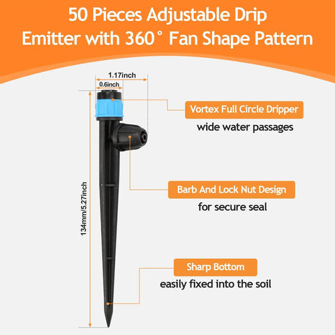 50 Pack 1/4 Inch Drip Emitters With 5 Inch Stakes Adjustable 360 Degree Water Flow Vortex Sprayer Drippers For Garden Irrigation