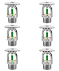 Straight Up Heavy Duty Upright Fire Sprinkler Heads 6 Pack Quick Response 199F Nickel Plated Copper 1/2 Inch Pipe Thread Rock Solid Kit For Kitchen And Boiler Room Use, top view of six nickel plated copper heads.