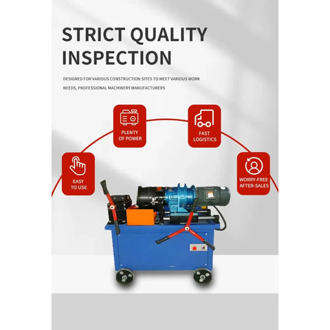 Heavy Duty Thread Rolling Machine For Steel Rods And Rebar Pro Grade Metal Thread Forming Equipment For Bolts And Steel Components Industrial Strength For Construction And Fabrication Projects, blue wheeled unit