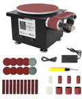 Compact 3 In 1 Electric Belt Sander With Bench Grinder And Knife Sharpener showing sander body, sanding discs, and accessories.
