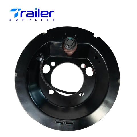 Front view of Trailer Supplies electric trailer brake assembly, 12-1/4 x 3-3/8 in, black with wiring, for 8K Dexter axles.