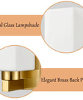 Close-up of Two Pack Brass Wall Sconce Light Fixtures With Milky White Glass Shades showing opal lampshade and brass back plate