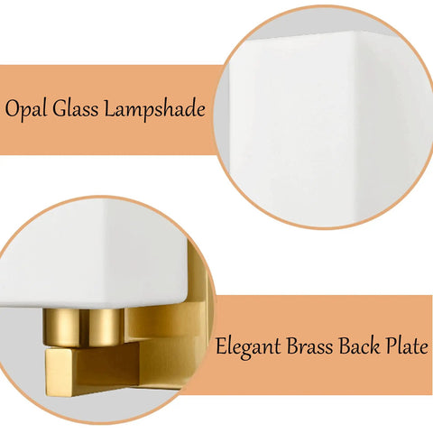 Close-up of Two Pack Brass Wall Sconce Light Fixtures With Milky White Glass Shades showing opal lampshade and brass back plate