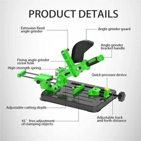 Universal Angle Grinder Stand Holder Mount Base For Woodworking Diy Cutting Support showing product details and adjustable features.