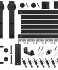 Eight Point Two Foot Sliding Barn Door Hardware Kit With Smooth Quiet Track Easy To Install Includes Step By Step Installation Instructions Fits Forty Eight Inch Wide Door Panel J Shape Hanger Beefy Alloy Construction With Black Powder Coat components displayed