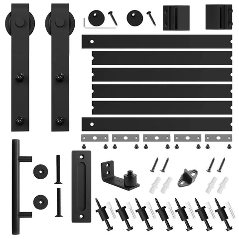 Eight Point Two Foot Sliding Barn Door Hardware Kit With Smooth Quiet Track Easy To Install Includes Step By Step Installation Instructions Fits Forty Eight Inch Wide Door Panel J Shape Hanger Beefy Alloy Construction With Black Powder Coat components displayed