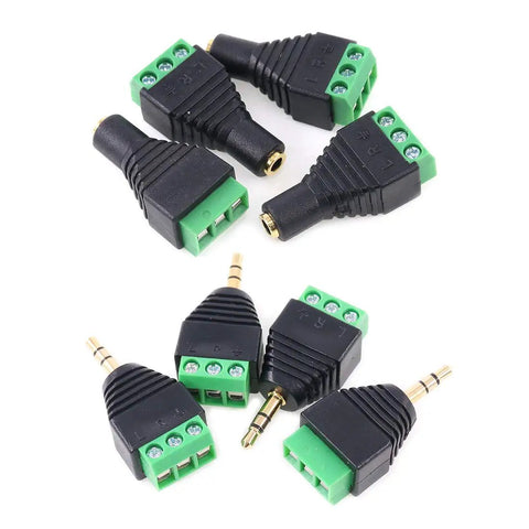 8 Piece 3.5mm Stereo Audio Jack To Av Terminal Adapter Kit Built Like A Tank With Gold Plated Copper Contacts, black and green connectors.