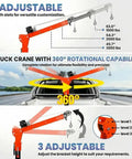 Heavy Duty Truck Bed Crane With High Powered Electric Winch And Adjustable Alloy Steel Jib, showing 360° rotation and adjustable lengths.