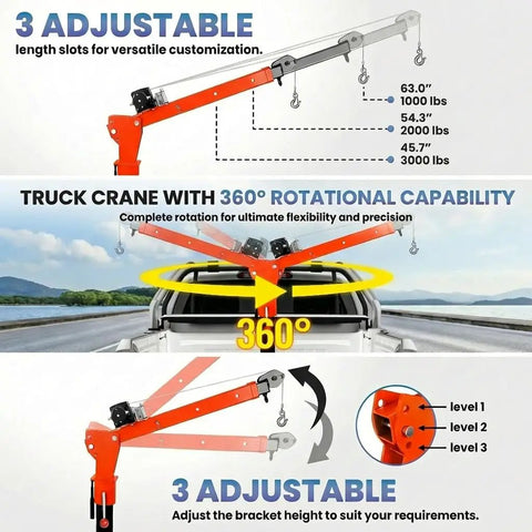 Heavy Duty Truck Bed Crane With High Powered Electric Winch And Adjustable Alloy Steel Jib, showing 360° rotation and adjustable lengths.