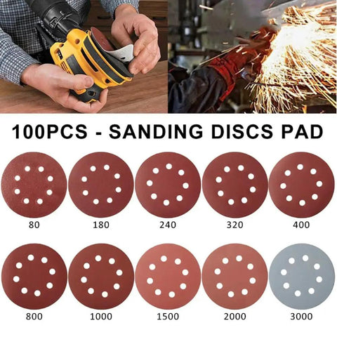 Kick Your Woodworking Up A Notch With These 100 Pcs 5 Inch Hook And Loop Sanding Discs with various grit sizes displayed.