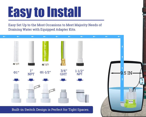 Various adapter kits for Zero Puddle Headache Automatic Submersible Utility Pump With Smart Water Sensor for easy installation.