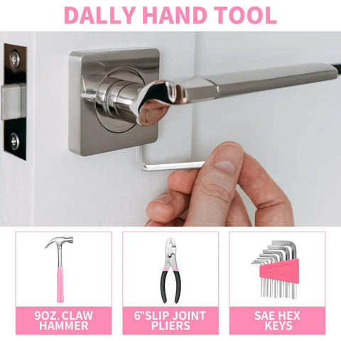 Person using Pink 39 Piece Hand Tool Set For Women With Plastic Storage Box All Purpose Household Tool Kit For Home Garage Office Dorm Beginner Friendly Easy Grip Tools For Quick Fixes to adjust door handle