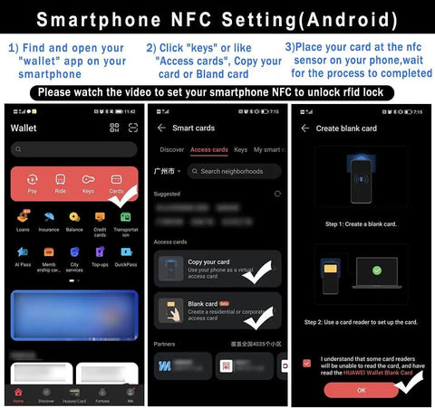 Smart RFID Cabinet Lock With NFC Drawer Locks And Hidden Card Access setup instructions on smartphone screen