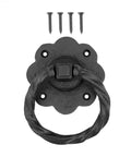 Kickstart Your Home Decor Game With This Straight Up Solid Black Wrought Iron Cabinet Handle Featuring Antique Flower Roped Detail And Rust Resistant Finish For Zero Stress Updates, front view with screws.