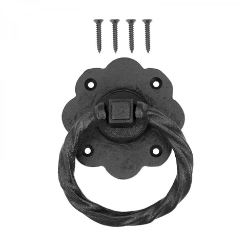 Kickstart Your Home Decor Game With This Straight Up Solid Black Wrought Iron Cabinet Handle Featuring Antique Flower Roped Detail And Rust Resistant Finish For Zero Stress Updates, front view with screws.