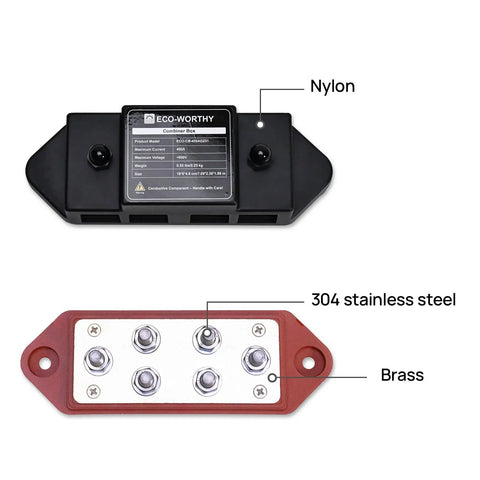 Beefy 400 Amp Busbar With Six M8 Studs For Parallel Battery Banks Rock Solid 600 Volt Handling, dual combiner box with nylon and 304 stainless steel components.