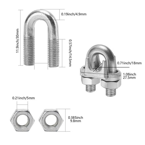 50 Pcs M6 Wire Rope Clips Galvanized Steel U Bolt Cable Clamps Heavy Duty Saddle Fasteners with dimensions