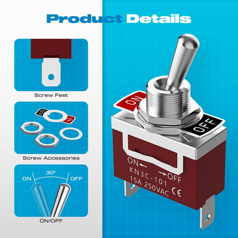 Marine Grade Waterproof Toggle Switch 2 Pin SPST On Off 12V DC 30A 125VAC 20A with screw accessories detail