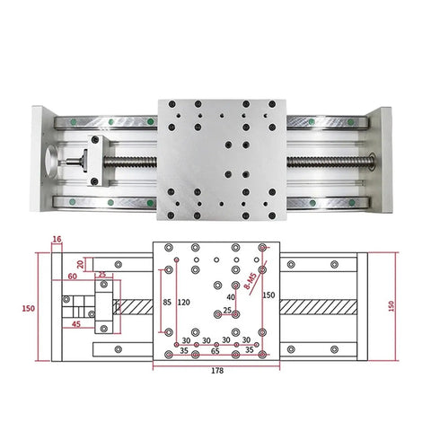 Heavy Duty Ball Screw Motion Stage Sliding Table With HGR20 Linear Guides And SFU1605 Shaft top view with dimensions for CNC rig.