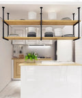 Rock Solid Heavy Duty Shelf Brackets 2 Pack Built Like A Tank 11.8 X 43.3 Inch Ceiling Mount floating black metal shelves with dishes.