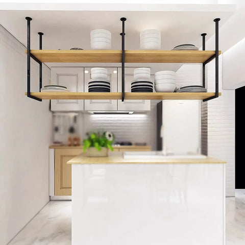 Rock Solid Heavy Duty Shelf Brackets 2 Pack Built Like A Tank 11.8 X 43.3 Inch Ceiling Mount floating black metal shelves with dishes.