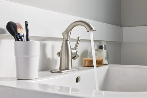 Sarona Spot Resist Brushed Nickel One Handle Bathroom Sink Faucet With Single Hole Design And Optional Deck Plate in rustic bathroom